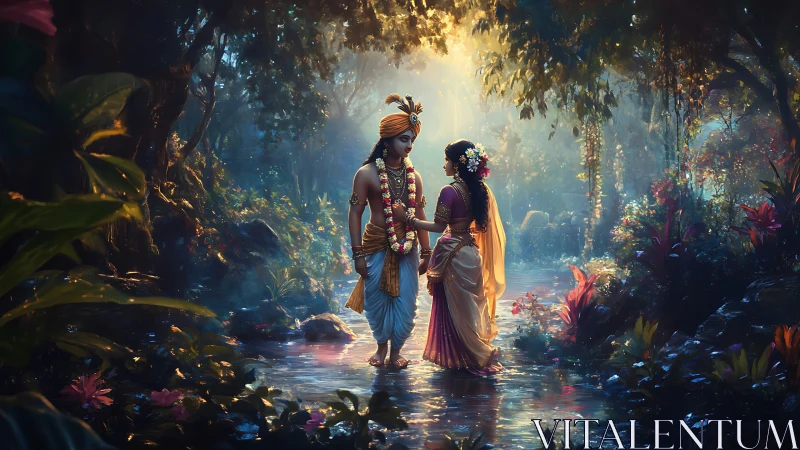 Two adorned figures stand in a glowing tropical forest stream