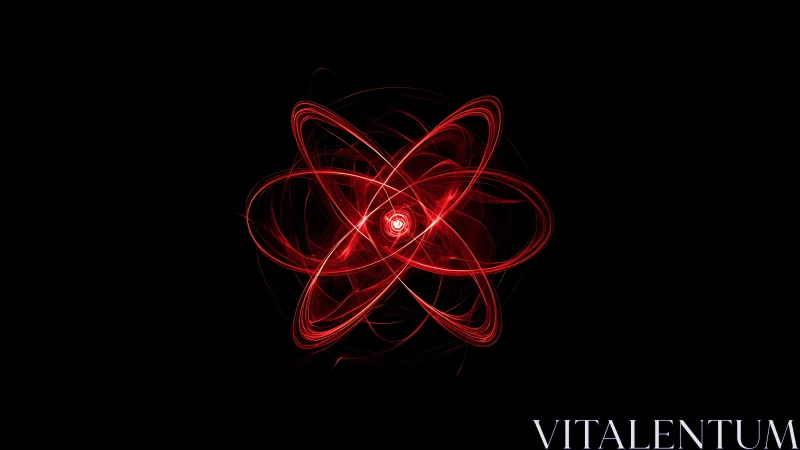 Glowing red atomic energy symbol swirls on deep black space