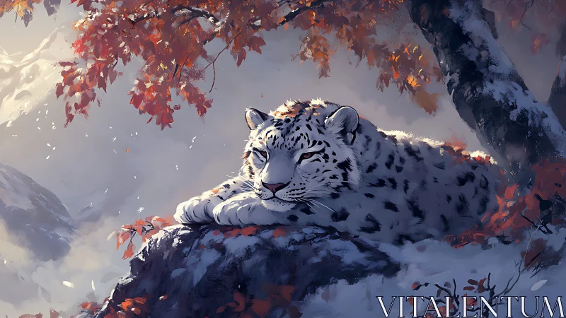 Snow Leopard Resting on Rock with Autumn Foliage