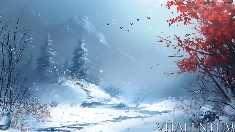 Snow covered forest path curves toward distant blue mountains