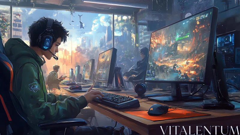 Pro gamer immersed in neon-lit futuristic cityscape arena.