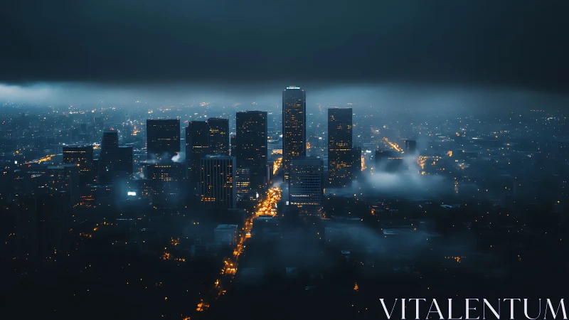 Moody night skyline wrapped in mist and glowing city lights.