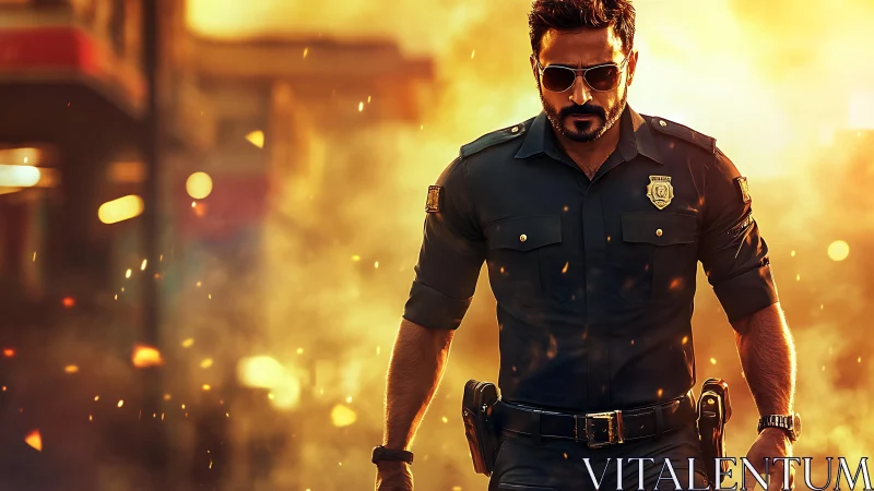 Heroic police officer walking through golden city fire.