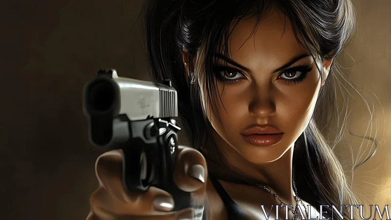 Steely gaze locks on target as chrome pistol owns the frame