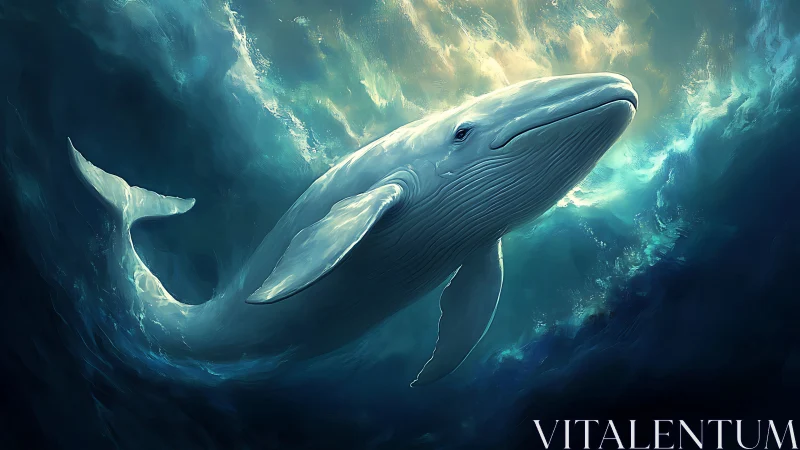 Digital painting of luminous whale in dynamic ocean vortex.