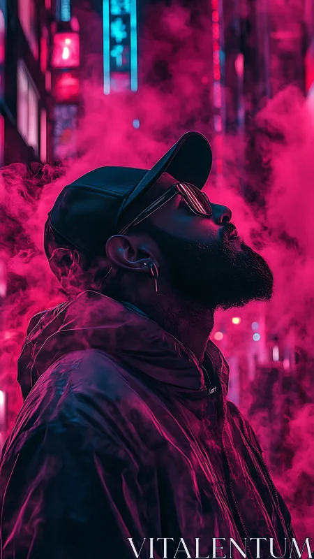 Profile view of man in neon city fog at night street scene.