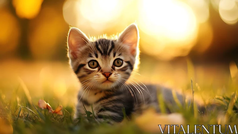 Tabby Kitten in Grass with Warm Sunlight