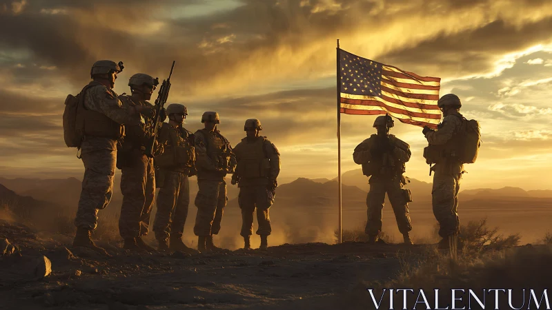 Soldiers stand united beneath an American flag at sunset.