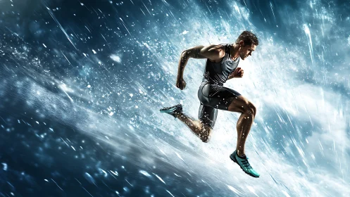 Dynamic runner charging forward through stormy blue light.