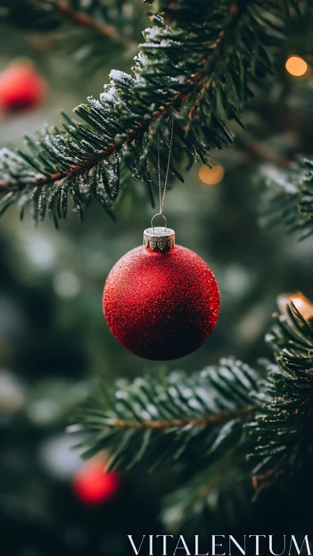 Red ornament hangs from snow-dusted evergreen branch in focus