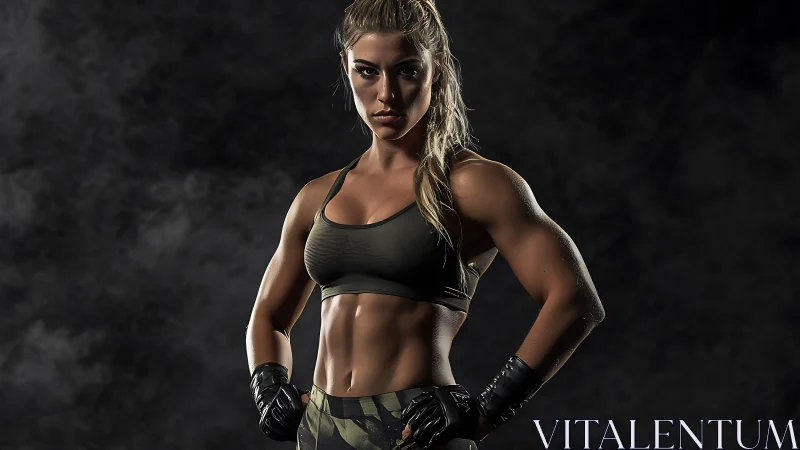 Muscular sexy female athlete stands in studio against dark backdrop