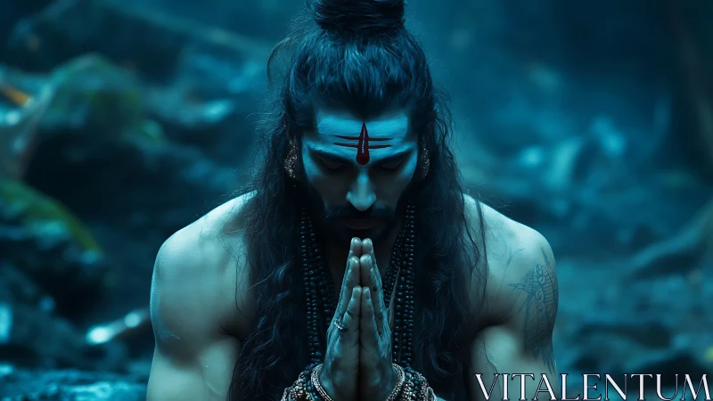 Serene forest yogi bows in quiet, heartfelt meditation