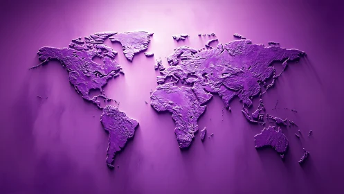 Embossed world map relief rendered in monochrome violet light