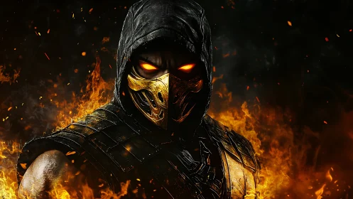 Hooded armored figure with glowing eyes stands amid flames