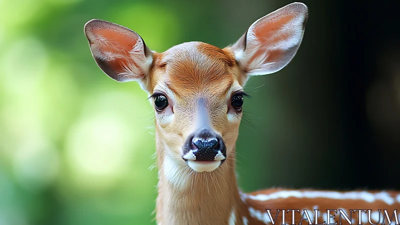 High-resolution frontal close-up of a young fawn with shallow depth