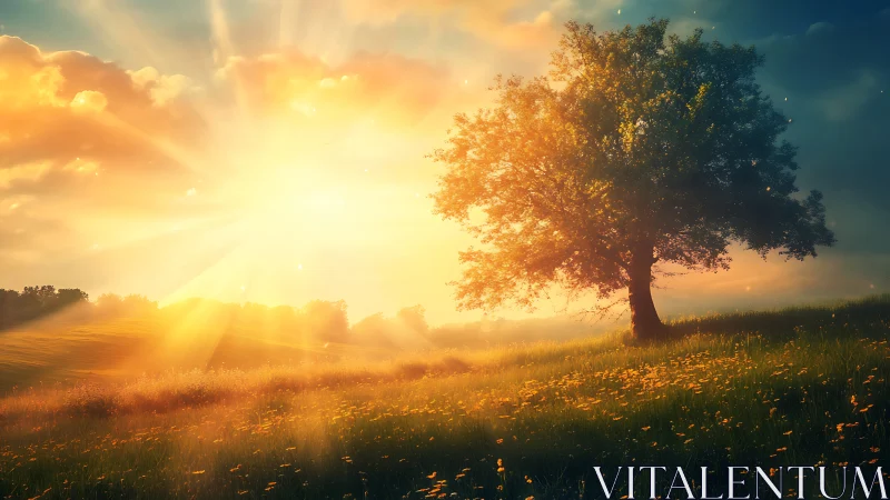 Backlit solitary tree under volumetric sunrise on flowering meadow
