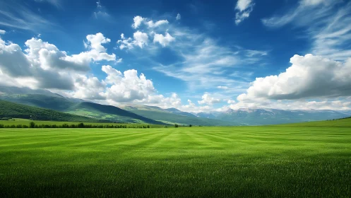 Vast green meadow stretches toward distant mountain range.