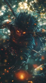 Ember-eyed forest assassin in dynamic descent trajectory.