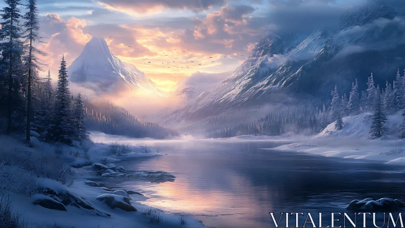 Winter sunrise ignites tranquil snowbound mountain valley