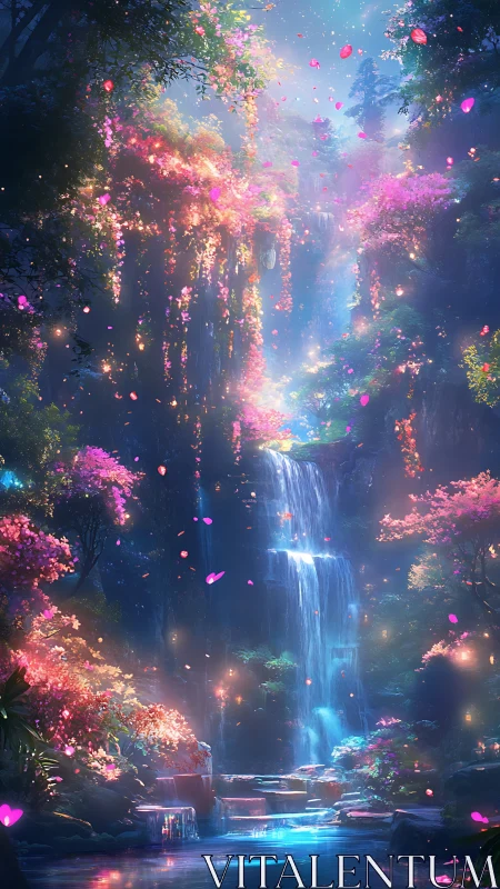 Enchanted blossom falls cascade in a luminous twilight glade.
