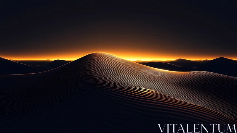 Abstract desert dunes with linear textures at sunset.