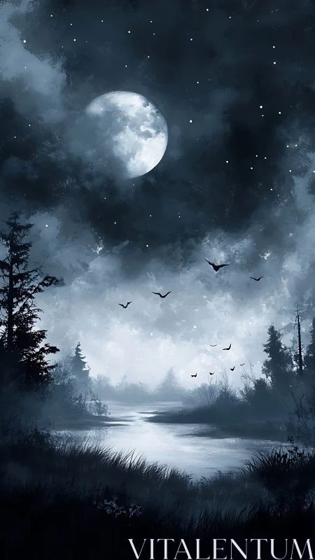 Moonlit river under stormy night sky with dark forest.