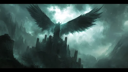 Dark winged guardian rising above a storm swept citadel.
