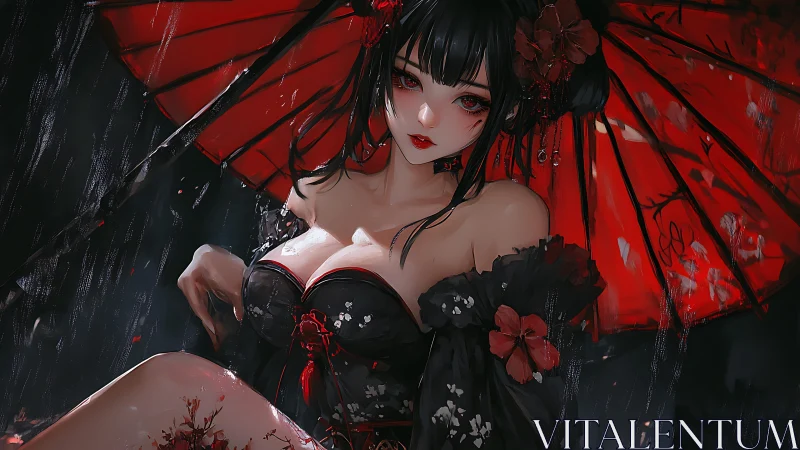 Gothic anime maiden under crimson parasol in nighttime rain