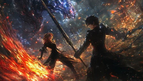 Blazing duel of dark warriors beneath spectral dragon fire.