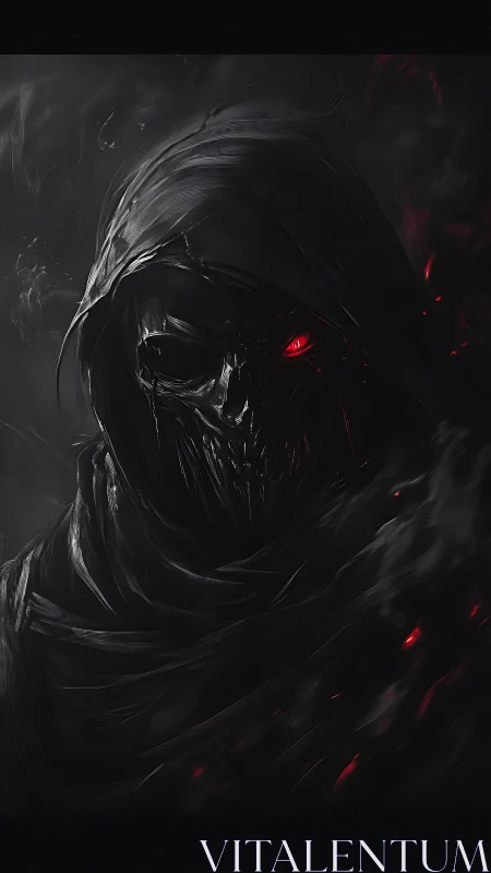 Hooded reaper wreathed in black smoke and red embers.