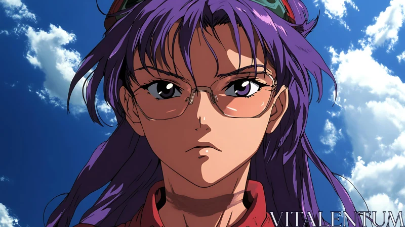 Purple haired anime character with glasses under sky.