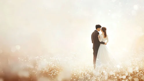 Backlit bridal couple in ethereal high-key field composition.