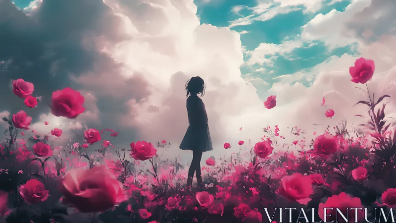 Solitary girl contemplates a dreamlike rose-filled horizon.