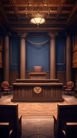 Formal courtroom interior with wooden judge’s bench and seats.