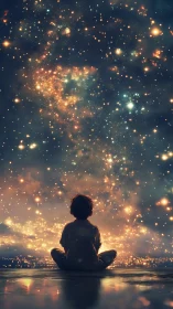 Solitary child observing dense star field at night.