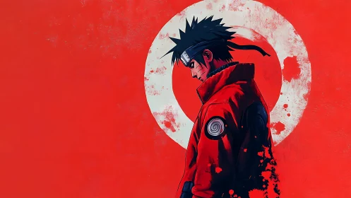 Brooding ninja in red coat stands before a bold white circle