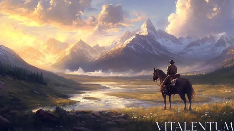 Lone rider salutes blazing mountain sunrise over wild valley.