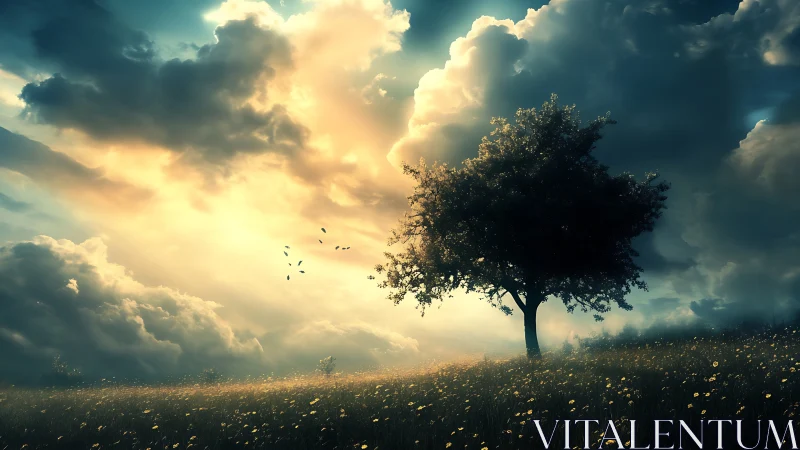 Lone tree in golden field under dramatic sunset clouds, digital art.