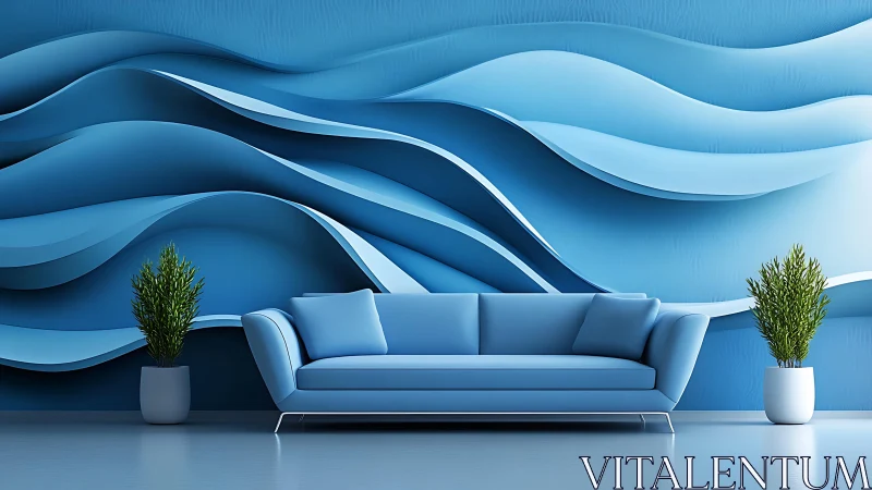 Modern blue living room with abstract wave wall art and plants.