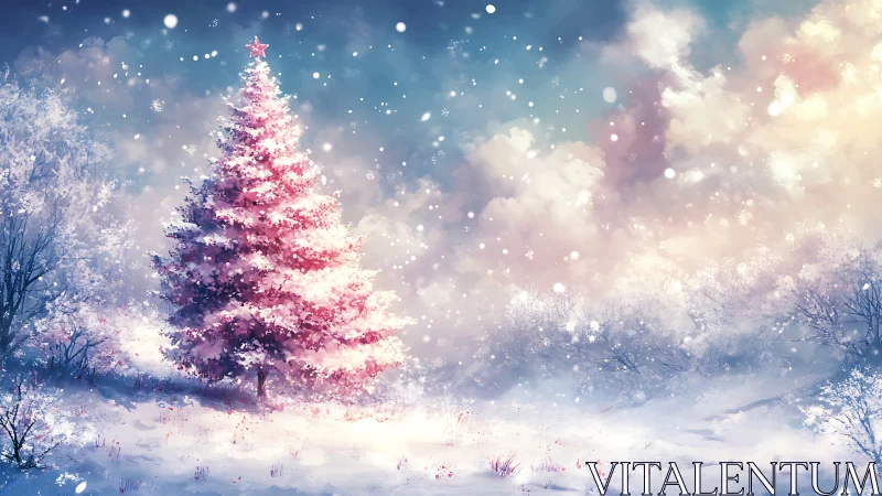 Snowy winter landscape with illuminated pink Christmas tree.