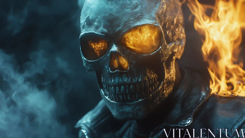 Flaming metallic skull portrait renders cinematic infernal glare