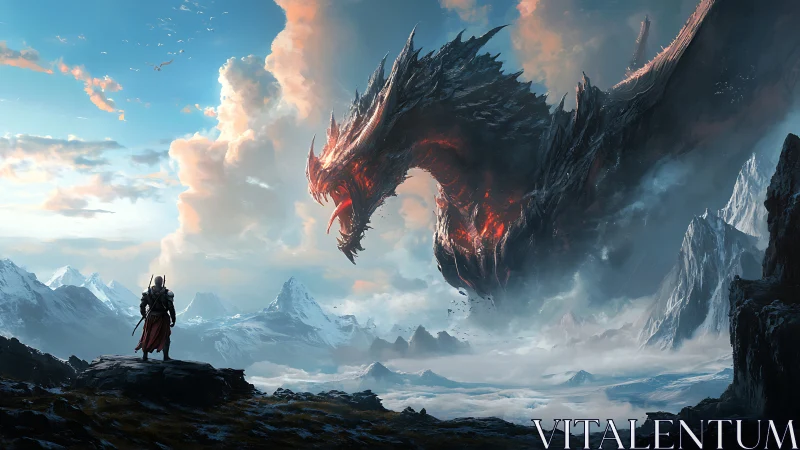 Armored figure facing volcanic dragon over icy valley.