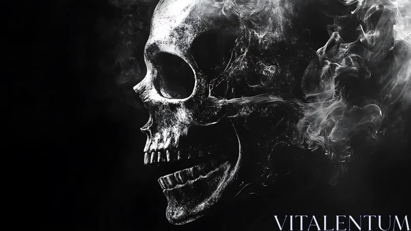 Cracked human skull dissolves into swirling smoke forms
