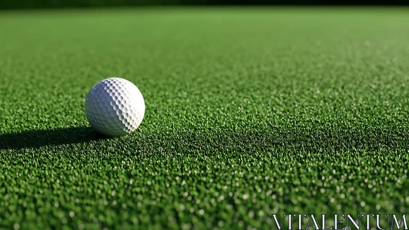 White golf ball resting on close-cropped artificial turf.