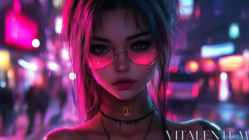 Cyberpunk portrait in neon rain with luminous bokeh streetscape.