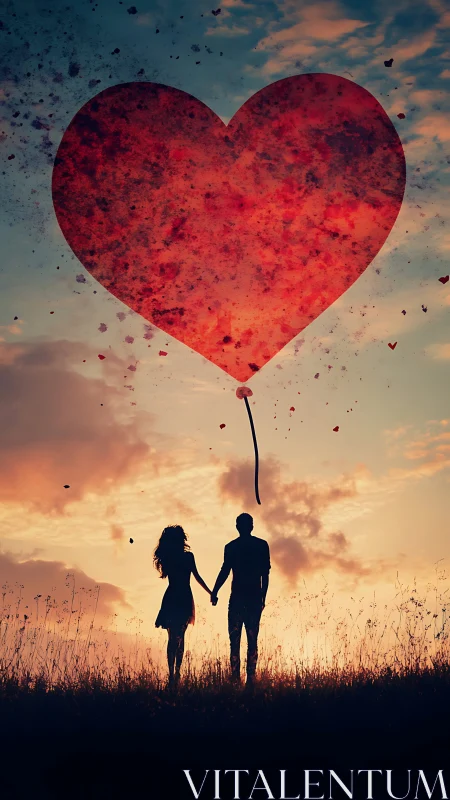 Silhouetted Couple Holding Giant Red Heart Balloon Against Twilight Sky