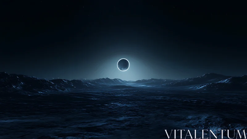 Digital rendering shows distant eclipse over icy terrain