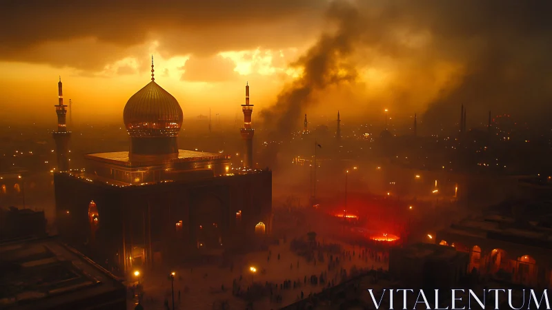 Golden-domed mosque at dusk amid smoke and dense crowds