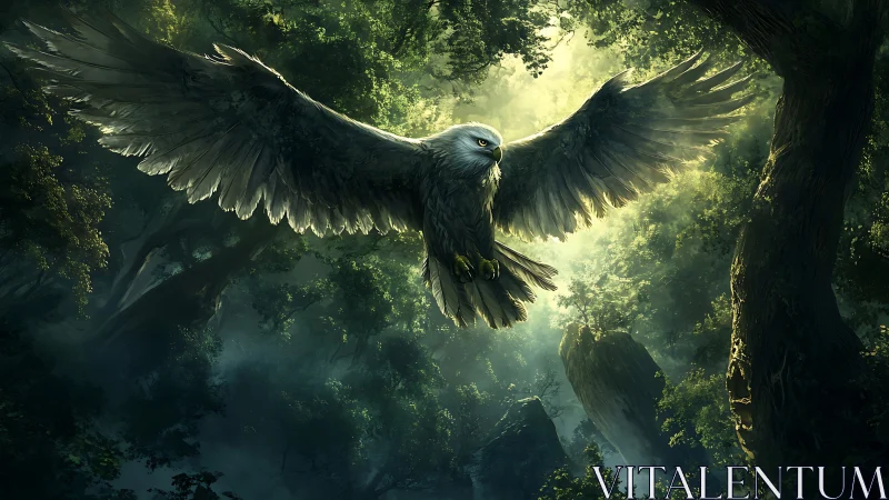 Majestic Owl Soaring Through Enchanted Forest in Fantasy Art Style.