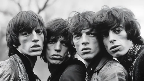 Four distorted young men in monochrome portrait study.